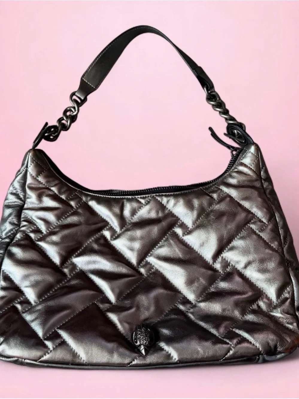 Kurt Geiger Quilted Metallic Shoulder Hobo in Gunmetal